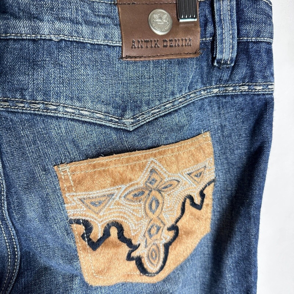 Antik Womens Denim Y2K Mid-Rise Blue Distress Patchwork Cow Girl Jeans Size 32 - Picture 8 of 10